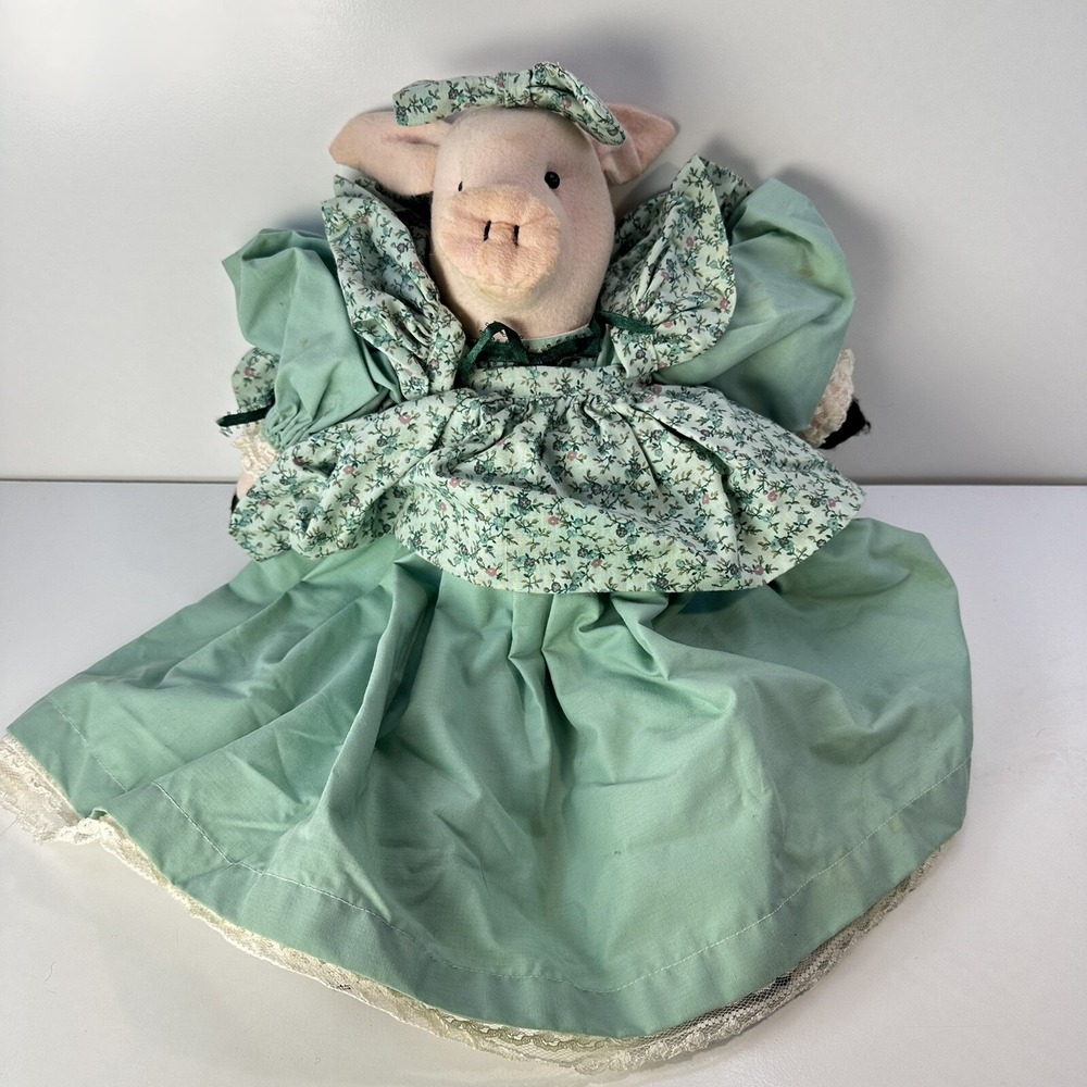 Vintage Stuffed Plush Pig Rare Cottagecore Farmhouse Dress 18" Music Box Works